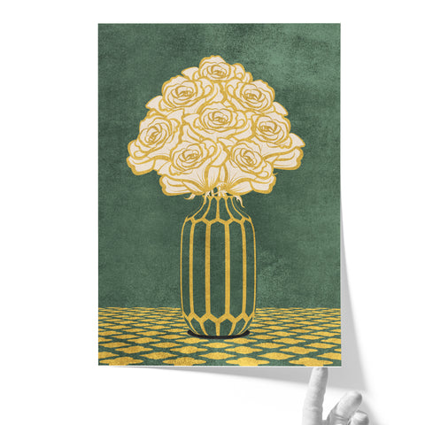 Vintage Vase with Flowers Fine Art Print – Dark Background – Green - A3- Adam & Alice London - ADAM and ALICE Premium Fine Wall Art Unframed Print – Flowers Art – Vase - Home Decor for Living Room Bedroom Hallway Office – Neutral Background - Grey Blue Green Brown – A3 A4 A2