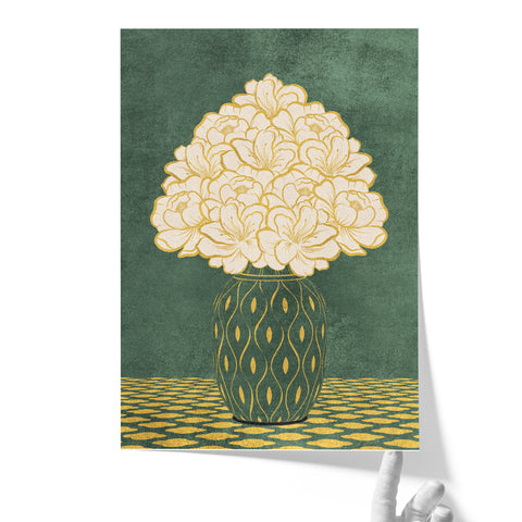 Vintage Vase with Flowers Fine Art Print – Dark Background – Green - A3- Adam & Alice London - ADAM and ALICE Premium Fine Wall Art Unframed Print – Flowers Art – Vase - Home Decor for Living Room Bedroom Hallway Office – Neutral Background - Grey Blue Green Brown – A3 A4 A2