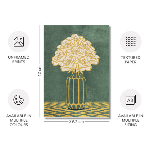 Vintage Vase with Flowers Fine Art Print – Dark Background – Green - A3- Adam & Alice London - ADAM and ALICE Premium Fine Wall Art Unframed Print – Flowers Art – Vase - Home Decor for Living Room Bedroom Hallway Office – Neutral Background - Grey Blue Green Brown – A3 A4 A2