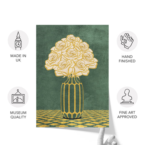 Vintage Vase with Flowers Fine Art Print – Dark Background – Green - A3- Adam & Alice London - ADAM and ALICE Premium Fine Wall Art Unframed Print – Flowers Art – Vase - Home Decor for Living Room Bedroom Hallway Office – Neutral Background - Grey Blue Green Brown – A3 A4 A2