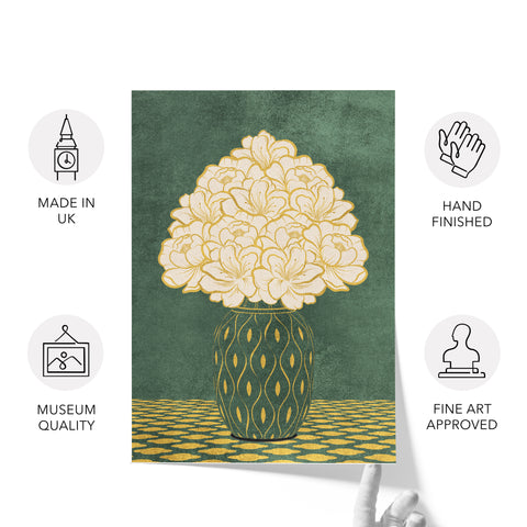 Vintage Vase with Flowers Fine Art Print – Dark Background – Green - A3- Adam & Alice London - ADAM and ALICE Premium Fine Wall Art Unframed Print – Flowers Art – Vase - Home Decor for Living Room Bedroom Hallway Office – Neutral Background - Grey Blue Green Brown – A3 A4 A2
