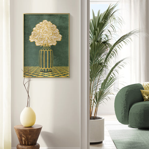 Vintage Vase with Flowers Fine Art Print – Dark Background – Green - A3- Adam & Alice London - ADAM and ALICE Premium Fine Wall Art Unframed Print – Flowers Art – Vase - Home Decor for Living Room Bedroom Hallway Office – Neutral Background - Grey Blue Green Brown – A3 A4 A2