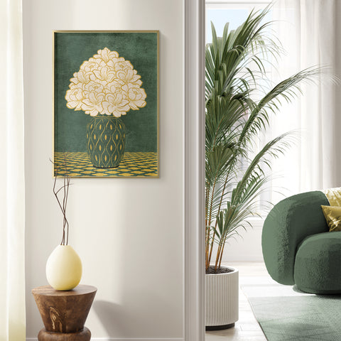 Vintage Vase with Flowers Fine Art Print – Dark Background – Green - A3- Adam & Alice London - ADAM and ALICE Premium Fine Wall Art Unframed Print – Flowers Art – Vase - Home Decor for Living Room Bedroom Hallway Office – Neutral Background - Grey Blue Green Brown – A3 A4 A2
