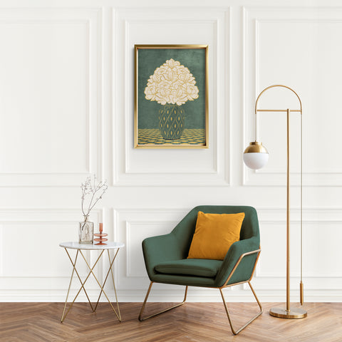 Vintage Vase with Flowers Fine Art Print – Dark Background – Green - A3- Adam & Alice London - ADAM and ALICE Premium Fine Wall Art Unframed Print – Flowers Art – Vase - Home Decor for Living Room Bedroom Hallway Office – Neutral Background - Grey Blue Green Brown – A3 A4 A2
