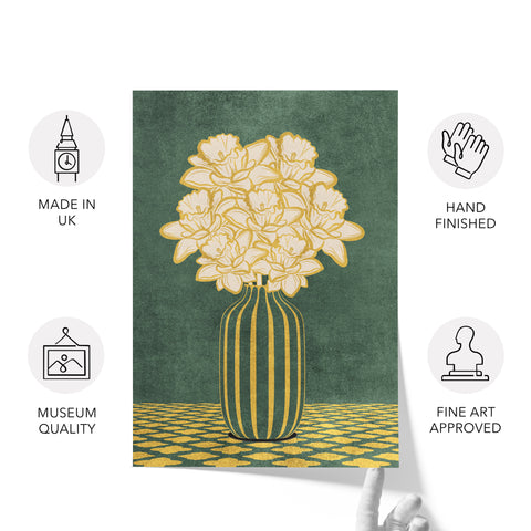Vintage Vase with Flowers Fine Art Print – Dark Background – Green - A4- Adam & Alice London - ADAM and ALICE Premium Fine Wall Art Unframed Print – Flowers Art – Vase - Home Decor for Living Room Bedroom Hallway Office – Neutral Background - Grey Blue Green Brown – A3 A4 A2