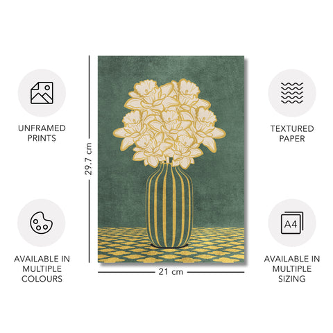 Vintage Vase with Flowers Fine Art Print – Dark Background – Green - A4- Adam & Alice London - ADAM and ALICE Premium Fine Wall Art Unframed Print – Flowers Art – Vase - Home Decor for Living Room Bedroom Hallway Office – Neutral Background - Grey Blue Green Brown – A3 A4 A2