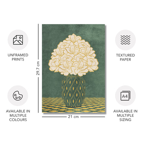 Vintage Vase with Flowers Fine Art Print – Dark Background – Green - A4- Adam & Alice London - ADAM and ALICE Premium Fine Wall Art Unframed Print – Flowers Art – Vase - Home Decor for Living Room Bedroom Hallway Office – Neutral Background - Grey Blue Green Brown – A3 A4 A2