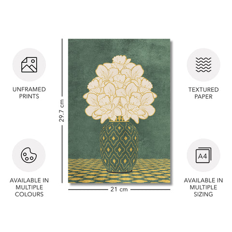 Vintage Vase with Flowers Fine Art Print – Dark Background – Green - A4- Adam & Alice London - ADAM and ALICE Premium Fine Wall Art Unframed Print – Flowers Art – Vase - Home Decor for Living Room Bedroom Hallway Office – Neutral Background - Grey Blue Green Brown – A3 A4 A2