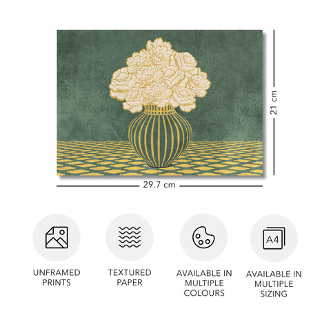 Vintage Vase with Flowers Fine Art Print – Dark Background – Green - A4- Adam & Alice London - ADAM and ALICE Premium Fine Wall Art Unframed Print – Flowers Art – Vase - Home Decor for Living Room Bedroom Hallway Office – Neutral Background - Grey Blue Green Brown – A3 A4 A2