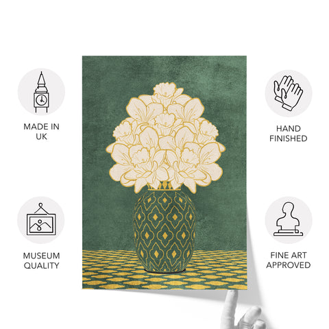 Vintage Vase with Flowers Fine Art Print – Dark Background – Green - A4- Adam & Alice London - ADAM and ALICE Premium Fine Wall Art Unframed Print – Flowers Art – Vase - Home Decor for Living Room Bedroom Hallway Office – Neutral Background - Grey Blue Green Brown – A3 A4 A2