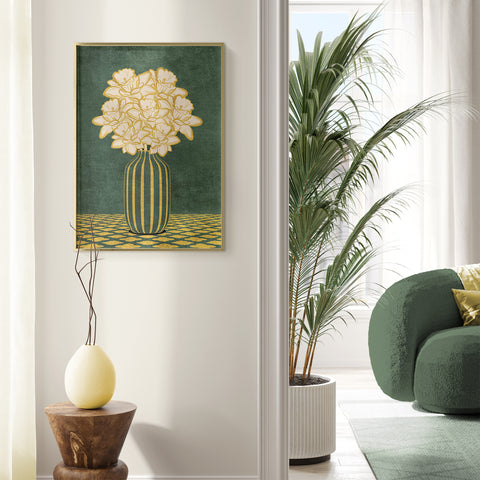 Vintage Vase with Flowers Fine Art Print – Dark Background – Green - A4- Adam & Alice London - ADAM and ALICE Premium Fine Wall Art Unframed Print – Flowers Art – Vase - Home Decor for Living Room Bedroom Hallway Office – Neutral Background - Grey Blue Green Brown – A3 A4 A2