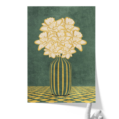 Vintage Vase with Flowers Fine Art Print – Dark Background – Green - A4- Adam & Alice London - ADAM and ALICE Premium Fine Wall Art Unframed Print – Flowers Art – Vase - Home Decor for Living Room Bedroom Hallway Office – Neutral Background - Grey Blue Green Brown – A3 A4 A2