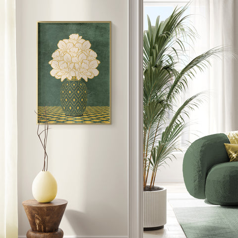 Vintage Vase with Flowers Fine Art Print – Dark Background – Green - A4- Adam & Alice London - ADAM and ALICE Premium Fine Wall Art Unframed Print – Flowers Art – Vase - Home Decor for Living Room Bedroom Hallway Office – Neutral Background - Grey Blue Green Brown – A3 A4 A2
