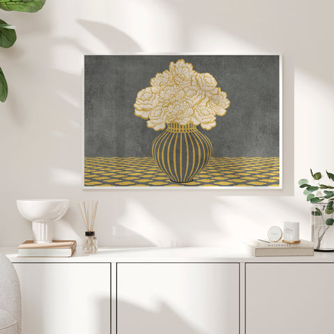 Vintage Vase with Flowers Fine Art Print – Dark Background – Grey - A2- Adam & Alice London - ADAM and ALICE Premium Fine Wall Art Unframed Print – Flowers Art – Vase - Home Decor for Living Room Bedroom Hallway Office – Neutral Background - Grey Blue Green Brown – A3 A4 A2
