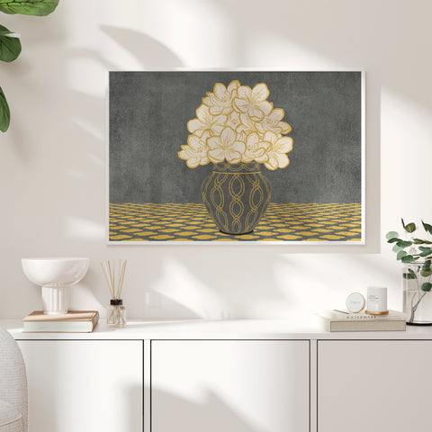 Vintage Vase with Flowers Fine Art Print – Dark Background – Grey - A2- Adam & Alice London - ADAM and ALICE Premium Fine Wall Art Unframed Print – Flowers Art – Vase - Home Decor for Living Room Bedroom Hallway Office – Neutral Background - Grey Blue Green Brown – A3 A4 A2