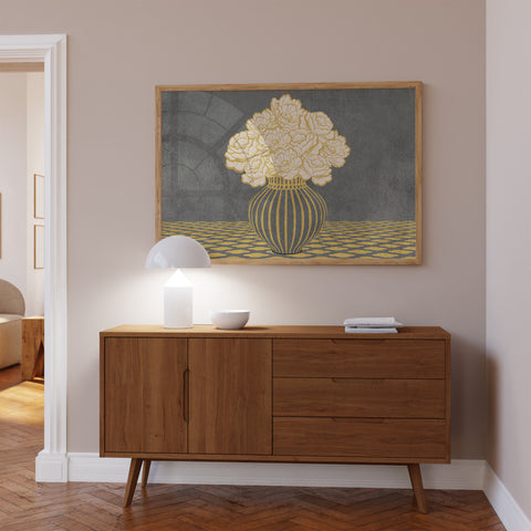 Vintage Vase with Flowers Fine Art Print – Dark Background – Grey - A2- Adam & Alice London - ADAM and ALICE Premium Fine Wall Art Unframed Print – Flowers Art – Vase - Home Decor for Living Room Bedroom Hallway Office – Neutral Background - Grey Blue Green Brown – A3 A4 A2