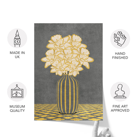 Vintage Vase with Flowers Fine Art Print – Dark Background – Grey - A4- Adam & Alice London - ADAM and ALICE Premium Fine Wall Art Unframed Print – Flowers Art – Vase - Home Decor for Living Room Bedroom Hallway Office – Neutral Background - Grey Blue Green Brown – A3 A4 A2
