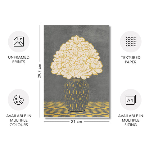 Vintage Vase with Flowers Fine Art Print – Dark Background – Grey - A4- Adam & Alice London - ADAM and ALICE Premium Fine Wall Art Unframed Print – Flowers Art – Vase - Home Decor for Living Room Bedroom Hallway Office – Neutral Background - Grey Blue Green Brown – A3 A4 A2