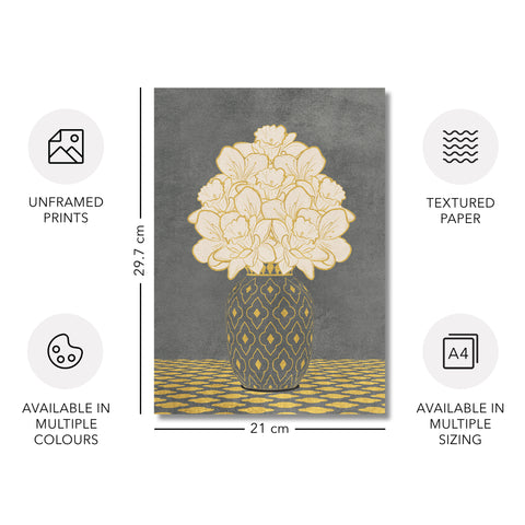 Vintage Vase with Flowers Fine Art Print – Dark Background – Grey - A4- Adam & Alice London - ADAM and ALICE Premium Fine Wall Art Unframed Print – Flowers Art – Vase - Home Decor for Living Room Bedroom Hallway Office – Neutral Background - Grey Blue Green Brown – A3 A4 A2
