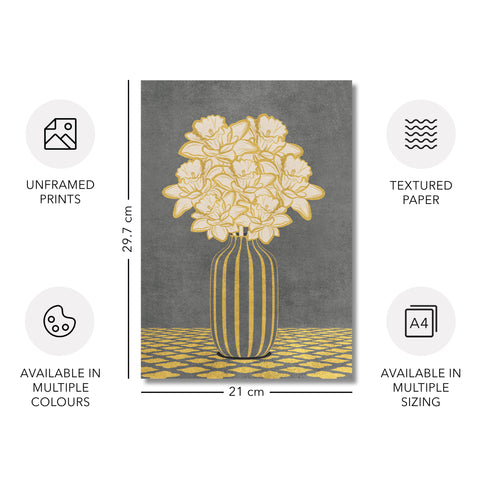 Vintage Vase with Flowers Fine Art Print – Dark Background – Grey - A4- Adam & Alice London - ADAM and ALICE Premium Fine Wall Art Unframed Print – Flowers Art – Vase - Home Decor for Living Room Bedroom Hallway Office – Neutral Background - Grey Blue Green Brown – A3 A4 A2
