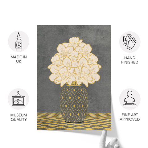 Vintage Vase with Flowers Fine Art Print – Dark Background – Grey - A4- Adam & Alice London - ADAM and ALICE Premium Fine Wall Art Unframed Print – Flowers Art – Vase - Home Decor for Living Room Bedroom Hallway Office – Neutral Background - Grey Blue Green Brown – A3 A4 A2