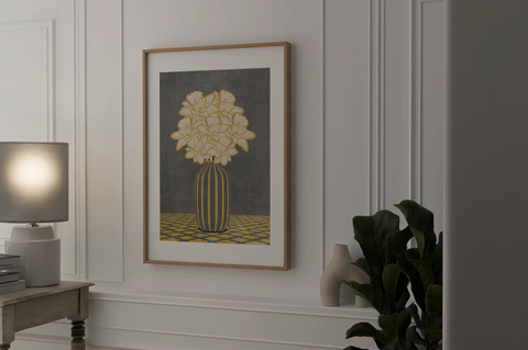 Vintage Vase with Flowers Fine Art Print – Dark Background – Grey - A4- Adam & Alice London - ADAM and ALICE Premium Fine Wall Art Unframed Print – Flowers Art – Vase - Home Decor for Living Room Bedroom Hallway Office – Neutral Background - Grey Blue Green Brown – A3 A4 A2