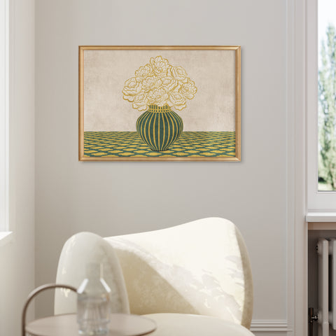 Vintage Vase with Flowers Fine Art Print – Green - A2- Adam & Alice London - ADAM and ALICE Premium Fine Wall Art Unframed Print – Flowers Art – Vase - Home Decor for Living Room Bedroom Hallway Office – Neutral Background - Grey Blue Green Brown – A3 A4 A2