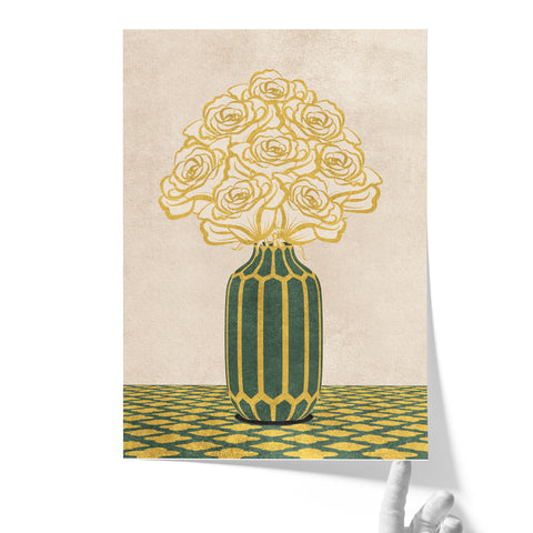 Vintage Vase with Flowers Fine Art Print – Green - A3- Adam & Alice London - ADAM and ALICE Premium Fine Wall Art Unframed Print – Flowers Art – Vase - Home Decor for Living Room Bedroom Hallway Office – Neutral Background - Grey Blue Green Brown – A3 A4 A2