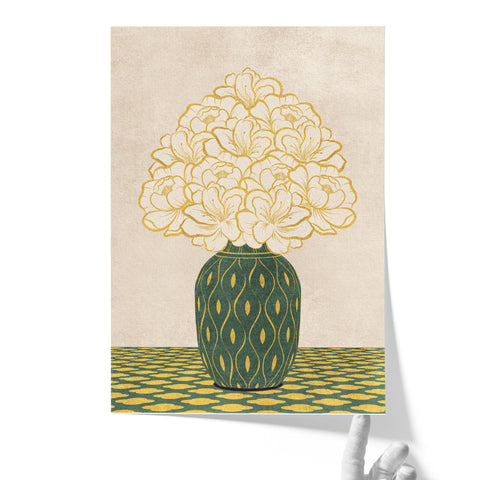 Vintage Vase with Flowers Fine Art Print – Green - A3- Adam & Alice London - ADAM and ALICE Premium Fine Wall Art Unframed Print – Flowers Art – Vase - Home Decor for Living Room Bedroom Hallway Office – Neutral Background - Grey Blue Green Brown – A3 A4 A2