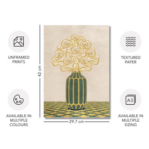 Vintage Vase with Flowers Fine Art Print – Green - A3- Adam & Alice London - ADAM and ALICE Premium Fine Wall Art Unframed Print – Flowers Art – Vase - Home Decor for Living Room Bedroom Hallway Office – Neutral Background - Grey Blue Green Brown – A3 A4 A2