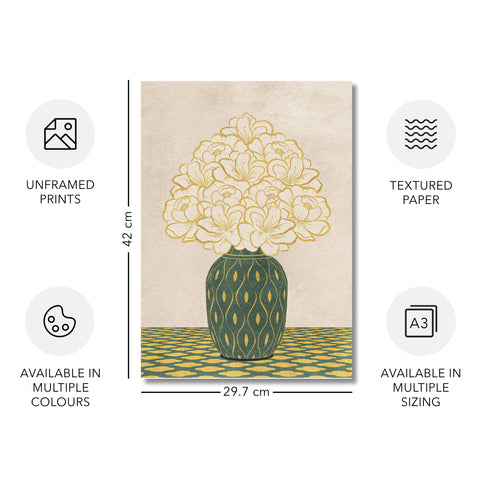 Vintage Vase with Flowers Fine Art Print – Green - A3- Adam & Alice London - ADAM and ALICE Premium Fine Wall Art Unframed Print – Flowers Art – Vase - Home Decor for Living Room Bedroom Hallway Office – Neutral Background - Grey Blue Green Brown – A3 A4 A2