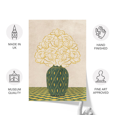 Vintage Vase with Flowers Fine Art Print – Green - A3- Adam & Alice London - ADAM and ALICE Premium Fine Wall Art Unframed Print – Flowers Art – Vase - Home Decor for Living Room Bedroom Hallway Office – Neutral Background - Grey Blue Green Brown – A3 A4 A2