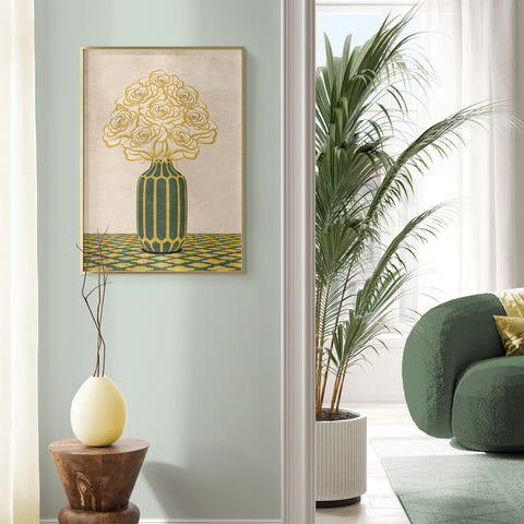 Vintage Vase with Flowers Fine Art Print – Green - A3- Adam & Alice London - ADAM and ALICE Premium Fine Wall Art Unframed Print – Flowers Art – Vase - Home Decor for Living Room Bedroom Hallway Office – Neutral Background - Grey Blue Green Brown – A3 A4 A2