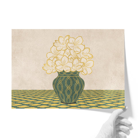 Vintage Vase with Flowers Fine Art Print – Green - A4- Adam & Alice London - ADAM and ALICE Premium Fine Wall Art Unframed Print – Flowers Art – Vase - Home Decor for Living Room Bedroom Hallway Office – Neutral Background - Grey Blue Green Brown – A3 A4 A2