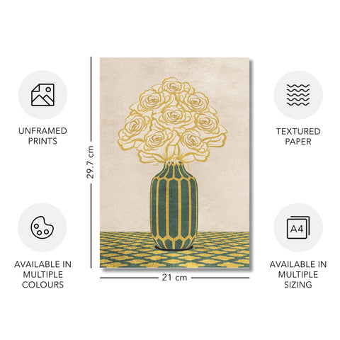 Vintage Vase with Flowers Fine Art Print – Green - A4- Adam & Alice London - ADAM and ALICE Premium Fine Wall Art Unframed Print – Flowers Art – Vase - Home Decor for Living Room Bedroom Hallway Office – Neutral Background - Grey Blue Green Brown – A3 A4 A2