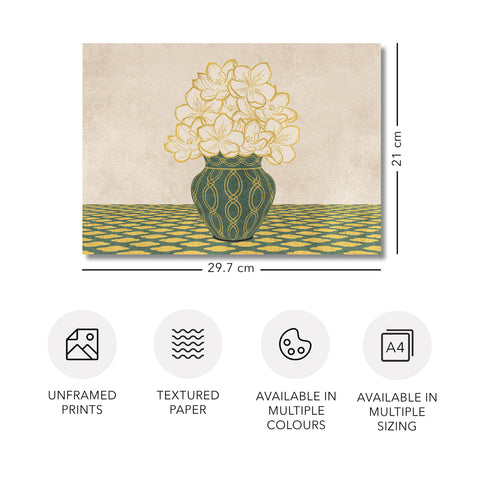 Vintage Vase with Flowers Fine Art Print – Green - A4- Adam & Alice London - ADAM and ALICE Premium Fine Wall Art Unframed Print – Flowers Art – Vase - Home Decor for Living Room Bedroom Hallway Office – Neutral Background - Grey Blue Green Brown – A3 A4 A2