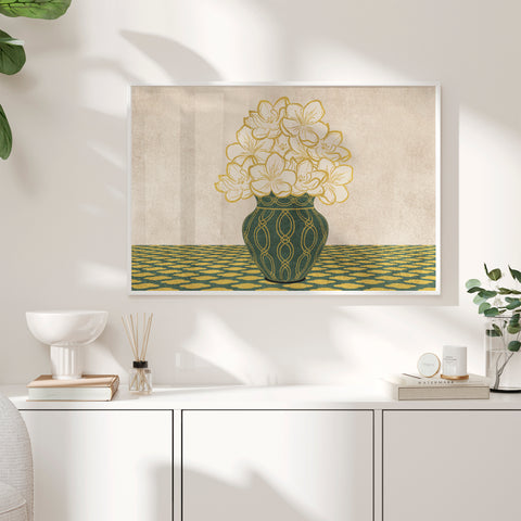 Vintage Vase with Flowers Fine Art Print – Green - A4- Adam & Alice London - ADAM and ALICE Premium Fine Wall Art Unframed Print – Flowers Art – Vase - Home Decor for Living Room Bedroom Hallway Office – Neutral Background - Grey Blue Green Brown – A3 A4 A2