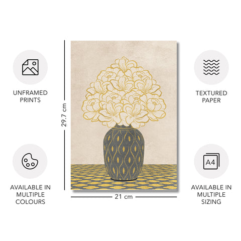 Vintage Vase with Flowers Fine Art Print – Grey - A4- Adam & Alice London - ADAM and ALICE Premium Fine Wall Art Unframed Print – Flowers Art – Vase - Home Decor for Living Room Bedroom Hallway Office – Neutral Background - Grey Blue Green Brown – A3 A4 A2